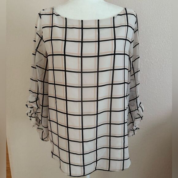 Calvin Klein Black and White Boxy 3/4 Sleeve Blouse - Picture 1 of 10